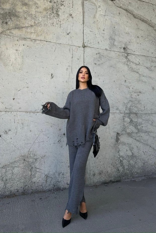 Flowing Detail Crew Neck Oversized Knit Top-Bottom Set AW25AU0020