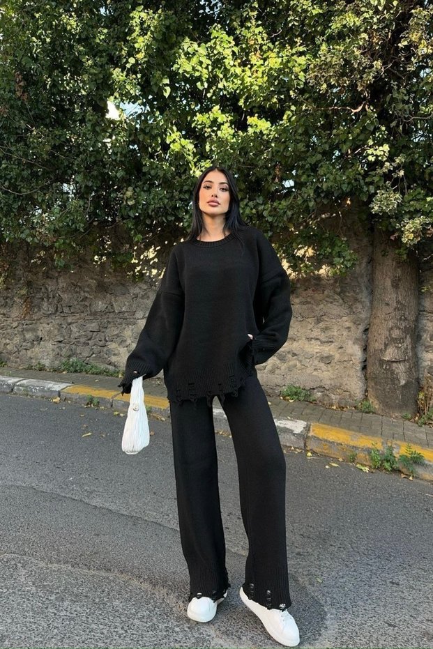 Flowing Detail Crew Neck Oversized Knit Top-Bottom Set AW25AU0020