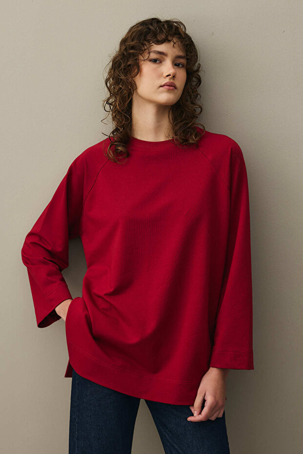 Yırtmaç Detaylı Basic Sweatshirt Bordo - 6