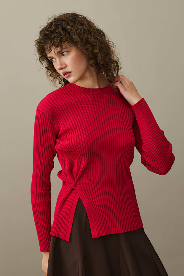 Yırtmaçlı Basic Kazak Kırmızı - 4