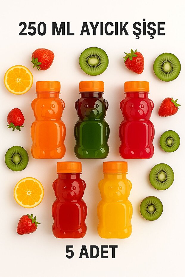 5 Teddy Bear Bottles – Fun Children's Juice Bottle with Orange Lid, 250 ml for School and Picnics