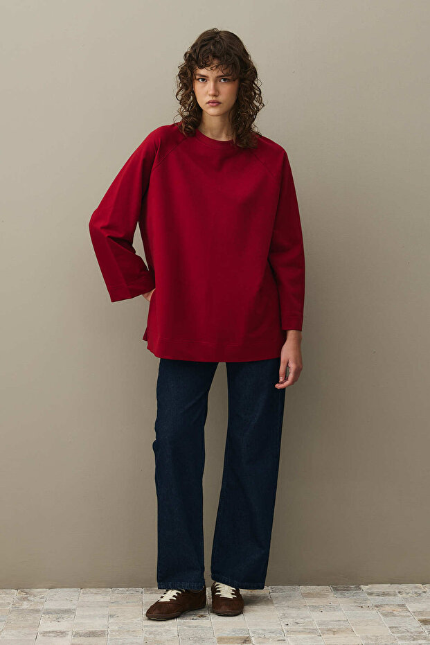 Yırtmaç Detaylı Basic Sweatshirt Bordo - 2