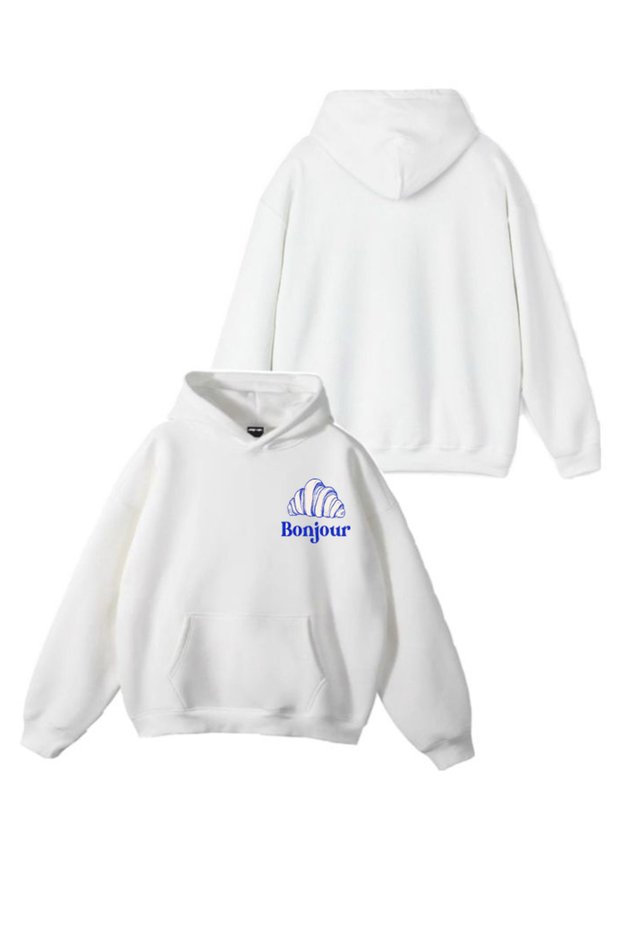 New Season Bonjour Printed 3 Yarn Cotton Hooded Sweatshirt