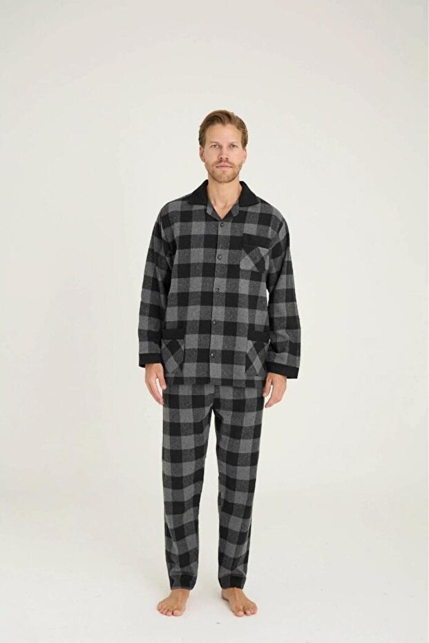 Kly 4038 men's plaid cotton flannel long sleeve button down pocket pajama set