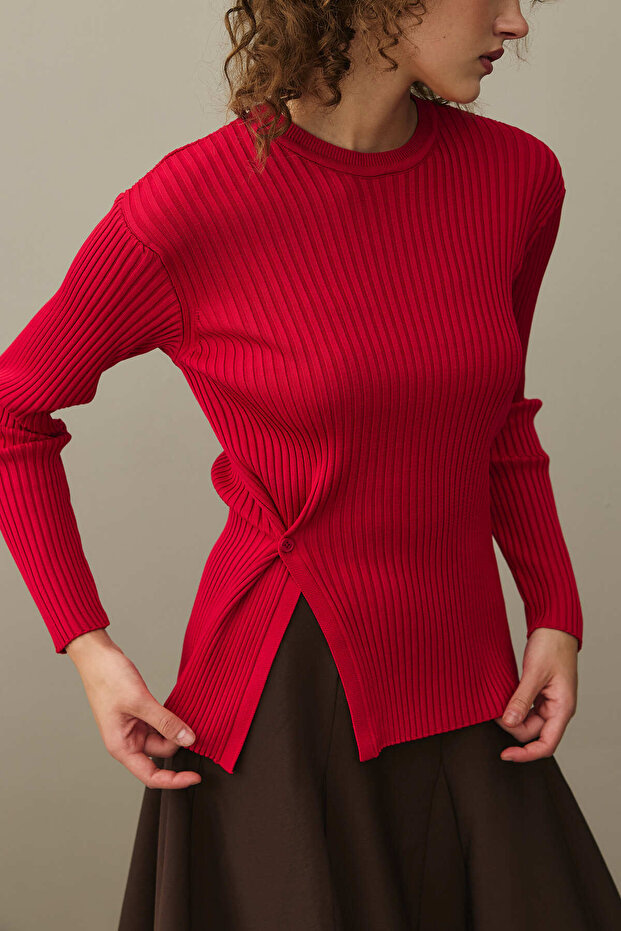 Yırtmaçlı Basic Kazak Kırmızı - 5