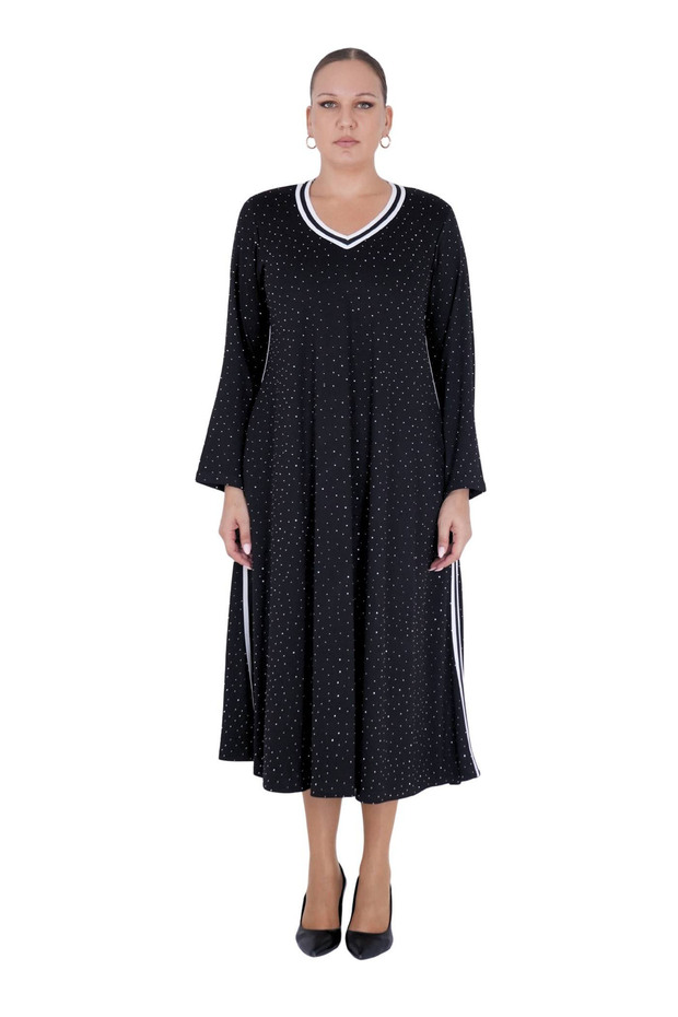 Women's Plus Size Black Stone White Stripe Casual Long Dress