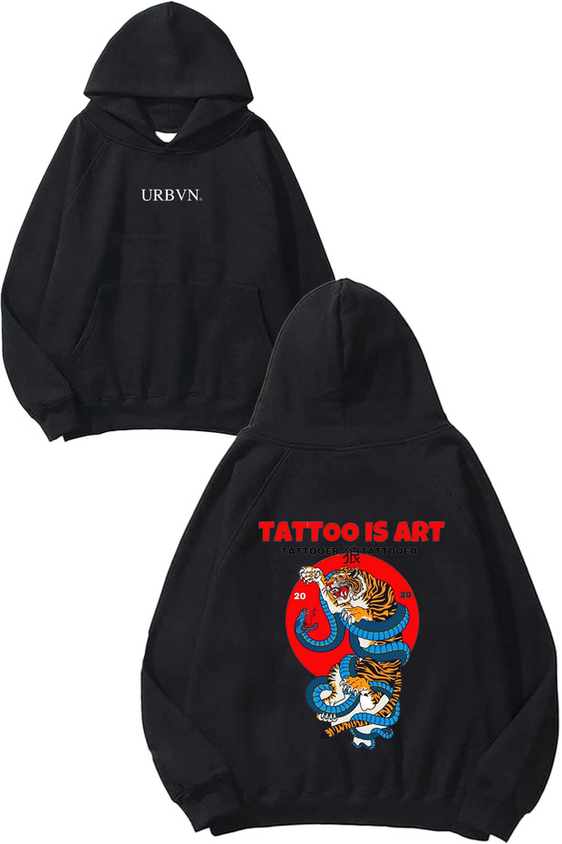 Tattoo Is Art Design Printed Oversize Black Hooded Sweatshirt