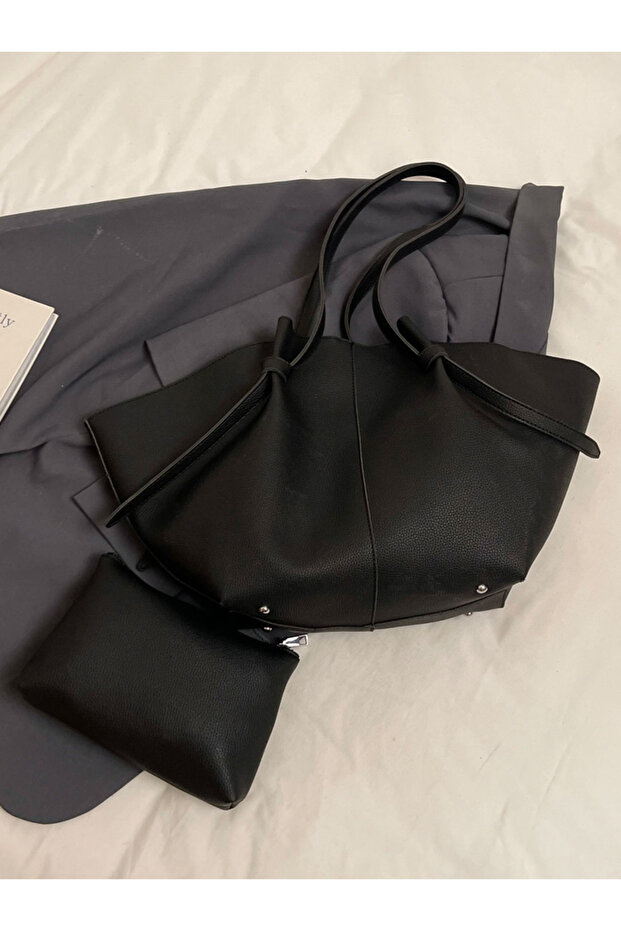 Solid Double Strap Shoulder Bag With Purse set - 6