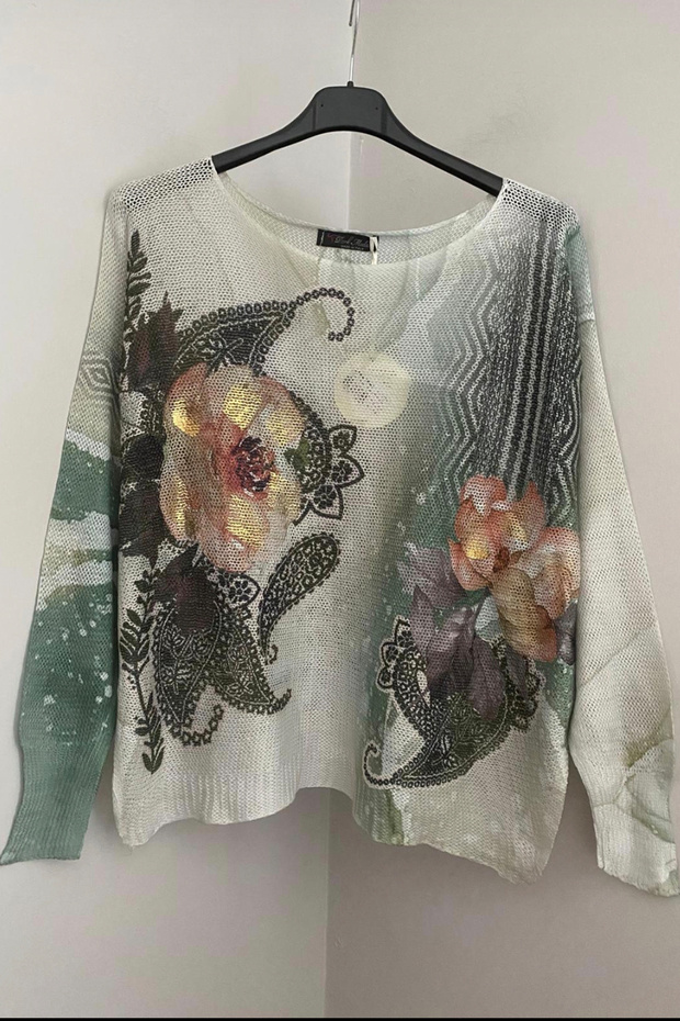 Women's Italian Khaki Green Shawl Floral Patterned Leaf Detailed Batwing Sleeve Mercerized Blouse Sweater