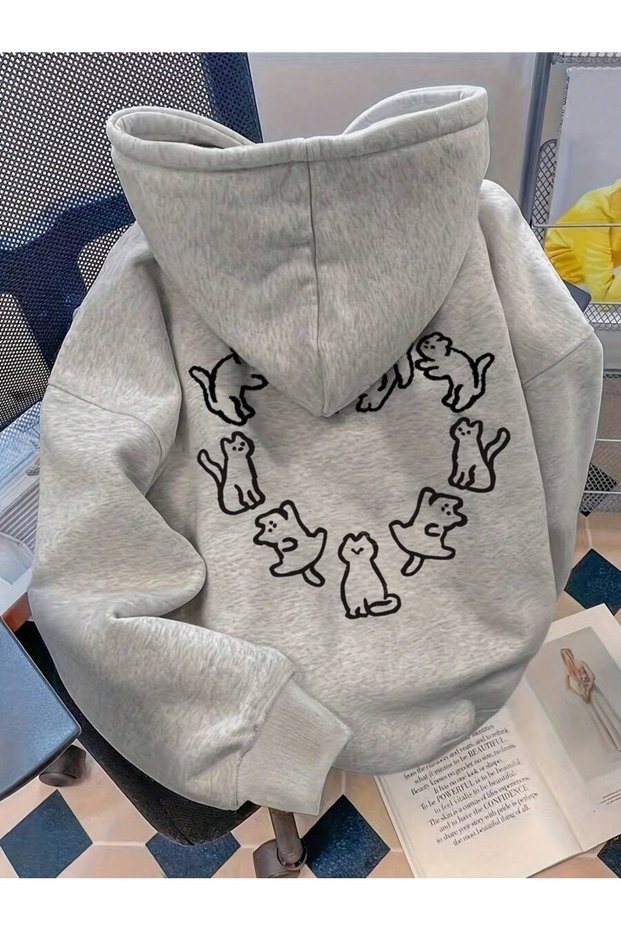 Women's Gray Heart Cat Printed Hooded Hoodie Sweatshirt