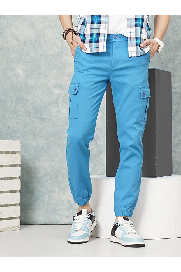 Men Blue Mid Rise Slim Fit Cargo Pants