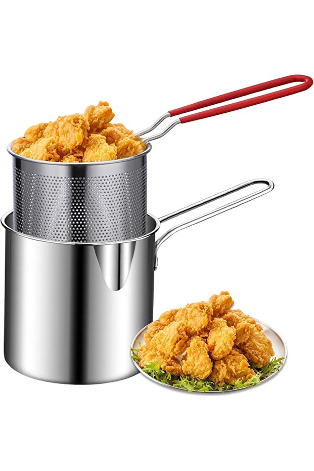 Small Deep Frying Pot with Strainer Basket - 1200ml Stainless Steel Pan with Handle