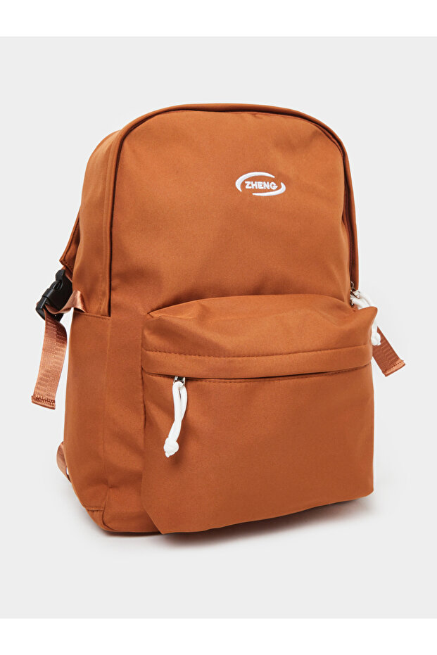 Solid Brown Backpack with Zip Closure - 1