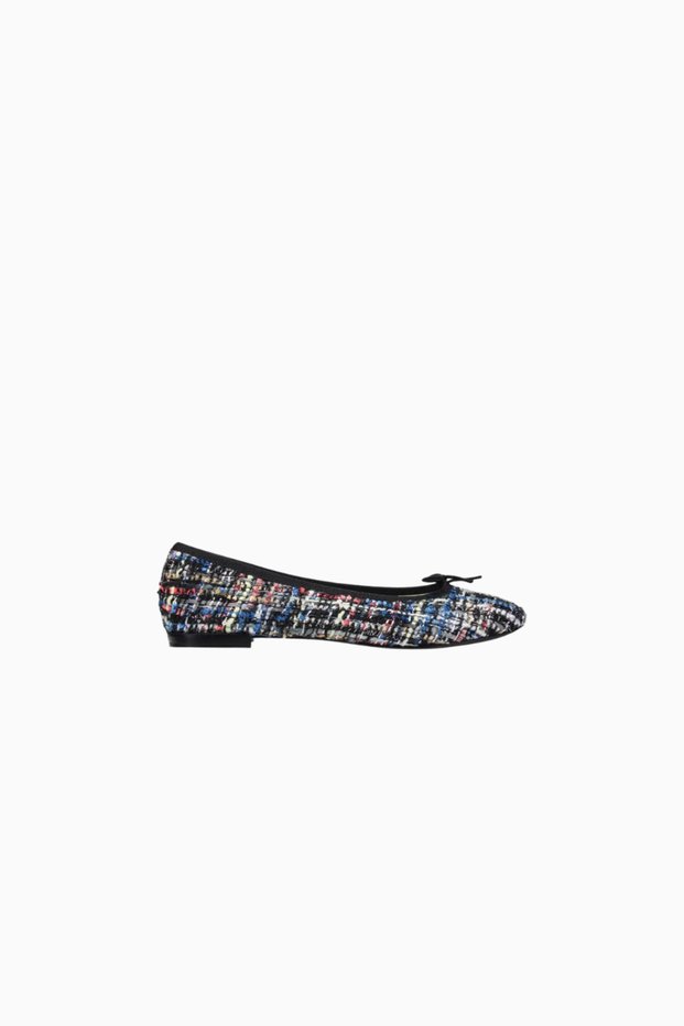 Cinderella Ballet Flats, Black Tweed, Glitter Texture, Sophisticated with Bow Detail, French Elegance