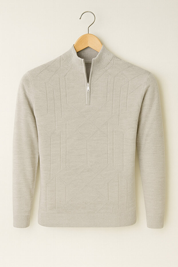 Textured Tricot Sweater with Zippered Collar