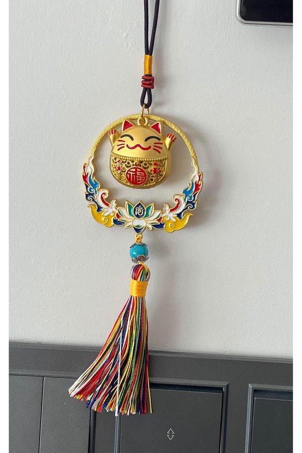 Feng Shui Prosperity and Luck Cat Hanging Decor / Maneki Neko Red Detailed Gold Car Mirror Ornament
