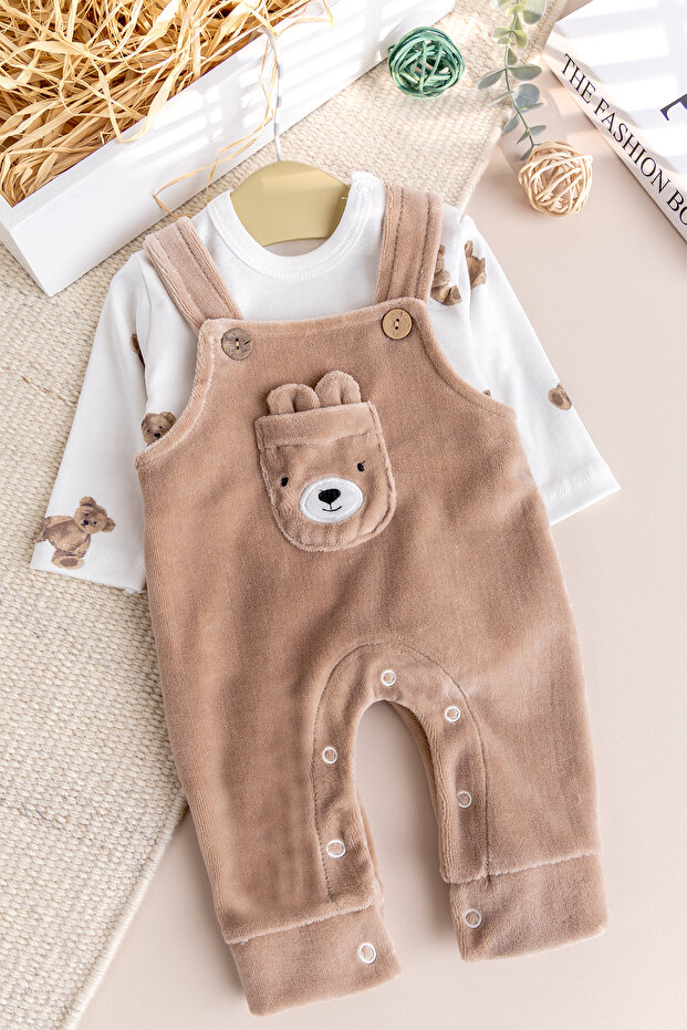Figured Winter Velvet Baby Boy Salopet Jumpsuit Set