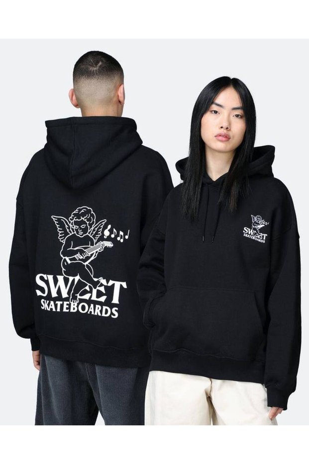 Unisex 3 Thread Hooded Sweatshirt with Kangaroo Pocket Music Playing Angel Printed Oversize
