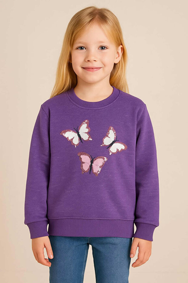 Thick Winter Fleece-Lined Girl's Sweatshirt with Butterfly Embroidery
