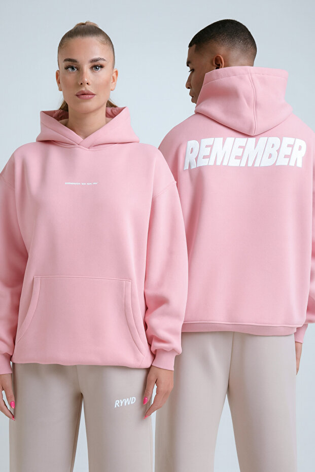 سويت شيرت كبير الحجم مطبوع عليه نص Remember للجنسين مع جيب كنغر وثلاثة خيوط