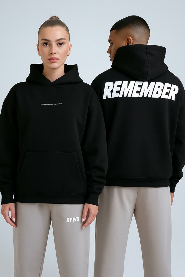 سويت شيرت كبير الحجم مطبوع عليه نص Remember للجنسين مع جيب كنغر وثلاثة خيوط