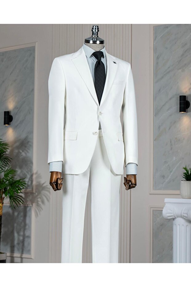 Italian Style Slim Fit Mono Collar Jacket Pants Suit Ecru T14240