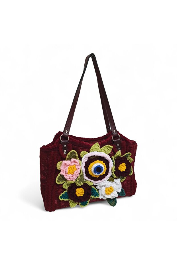 Crochet Knitted Flower Detailed Shoulder Bag, Handmade Custom Design Bag