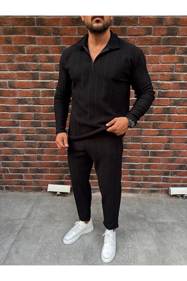 Vertical Striped Ottoman Fabric Zipper Detailed Men's Tracksuit Set