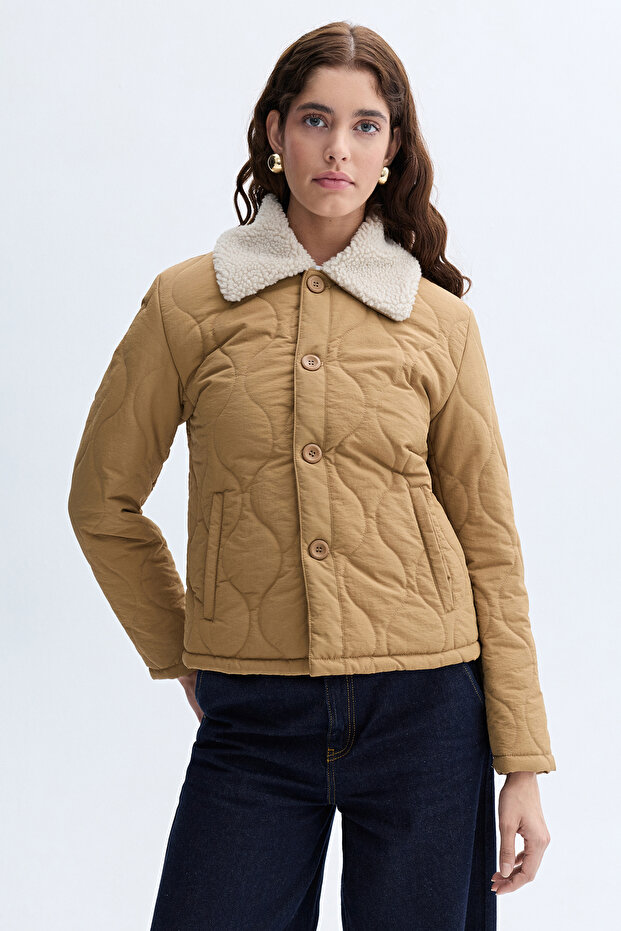 Women's Tan Plush Collar Quilted Puffer Coat