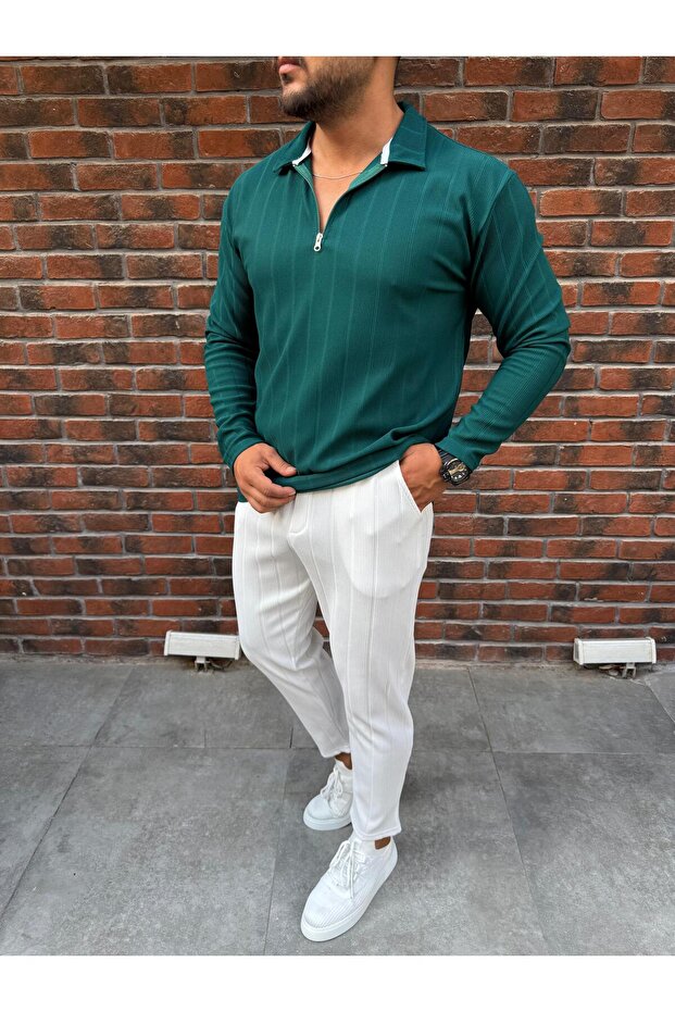 Vertical Striped Ottoman Fabric Zipper Detailed Men's Tracksuit Set