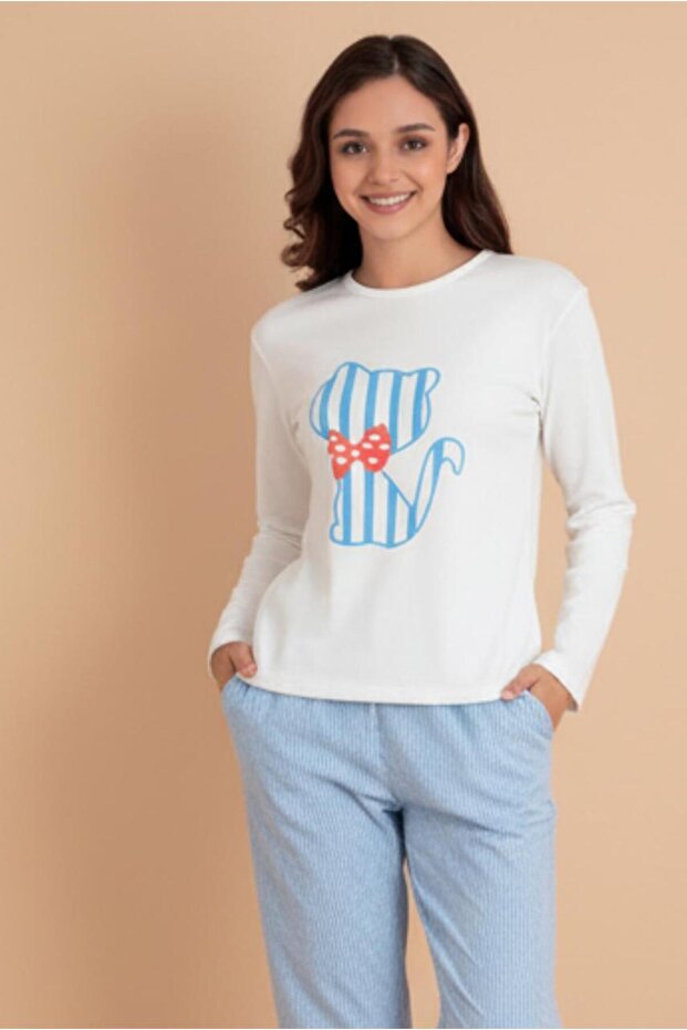 Women's Pajama Set – Long Sleeve White Top and Blue Pants | Comfortable and Stylish Home Wear