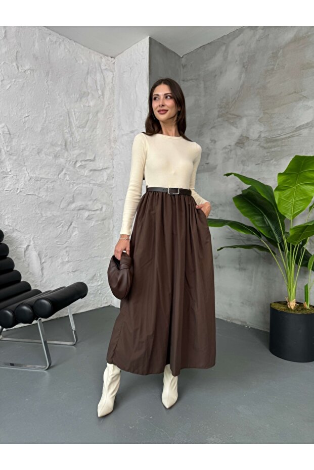 Kahve Kemerli Maxi Elbise - 4