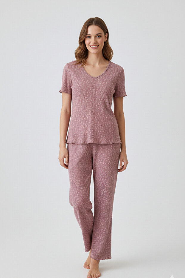 Kadın Bambu Pamuk Pijama Takımı Gül Kurusu Fitilli Regular Fit Alt & Üst İnce Kısa Kol Lastkli Esnek - 3