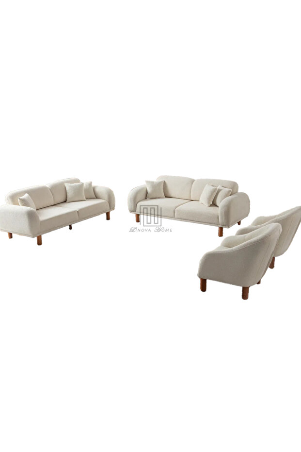 Bouclé Bohem Model Koltuk Takımı 3+3+1+1 Ekru Renk - 4
