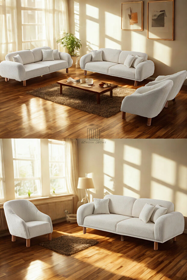 Bouclé Bohem Model Koltuk Takımı 3+3+1+1 Ekru Renk - 1