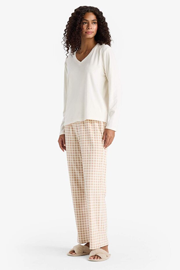 Pijama Takımı Regular Fit Uzun Kollu Velur Üst Kareli Uzun Alt-Fall in Love E7278AX25AU - 1