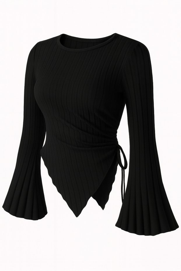 Round Neck Draped Long Sleeve Knit Blouse – Modest Fashion Matching Stylish Women's Top