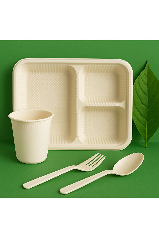 Doğa Dostu Organik Düğün-Davet-Sofra Seti 10 Kişilik 40 Parça(10ar Adet,Tabldot-Bardak-Çatal-Kaşık) - 1