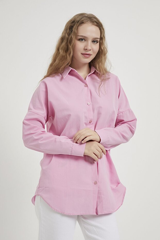 Kadın Basic Uzun Kol Düğmeli Pembe Oversize Gömlek - 2