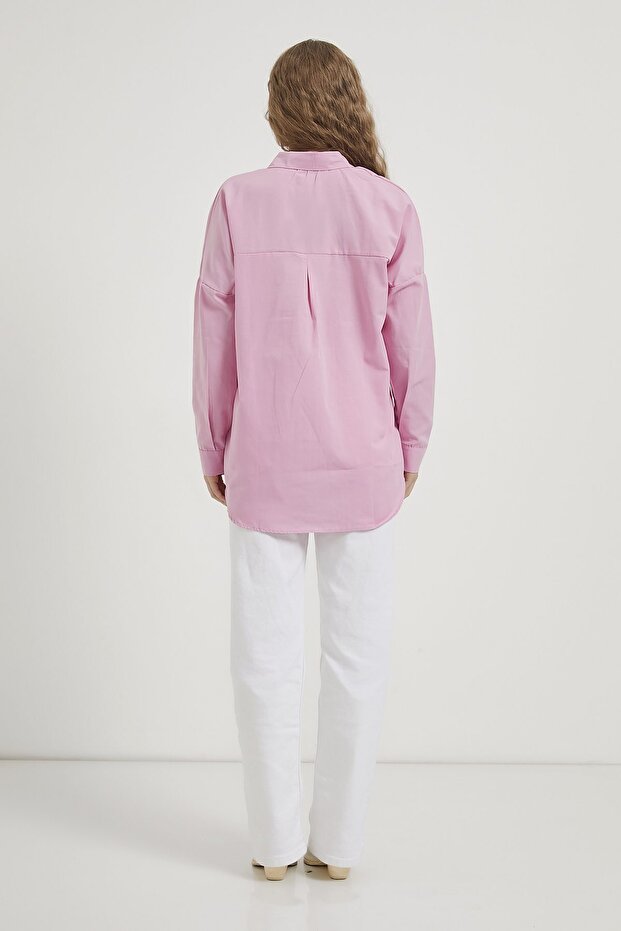 Kadın Basic Uzun Kol Düğmeli Pembe Oversize Gömlek - 5