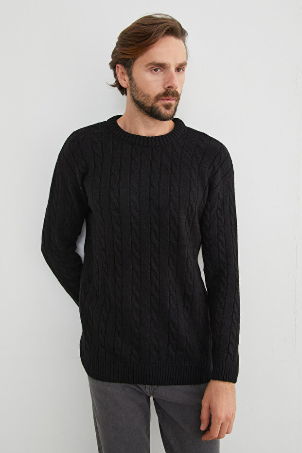 Saç Örgüsü Desenli Bisiklet Yaka Kazak - 5