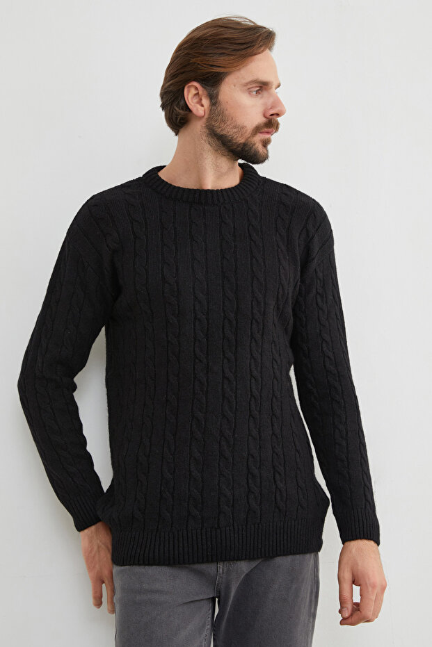 Saç Örgüsü Desenli Bisiklet Yaka Kazak - 2