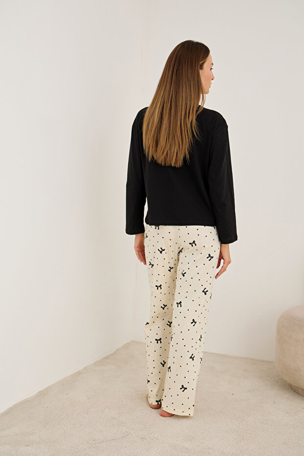 Ecru Bow Patterned Cotton Knitted Pajama Set7948 - 3