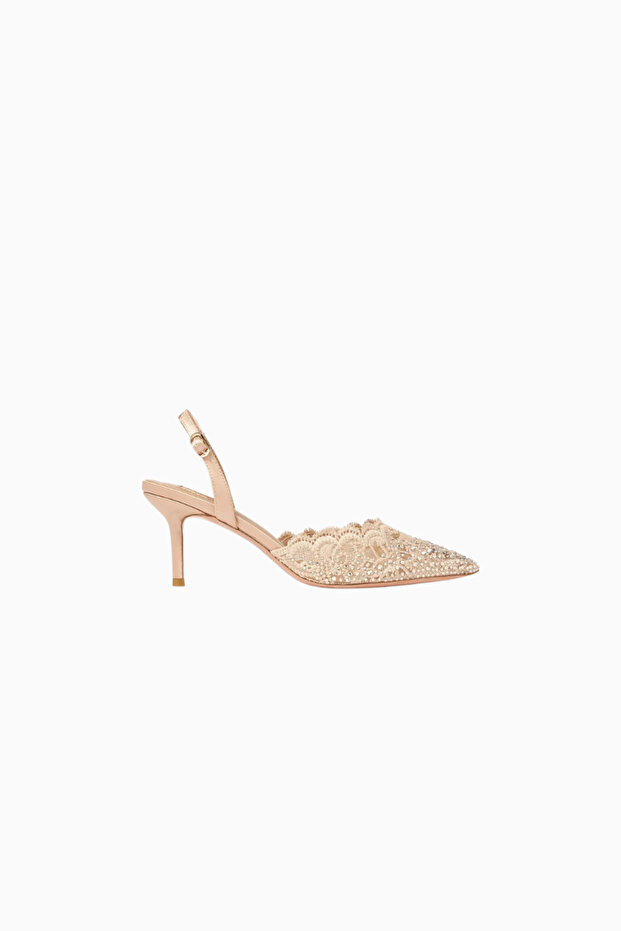 Rimini 70 Lace Slingback Heels, Crystal Stone, Pointed Toe, Luxury Handcrafted Design