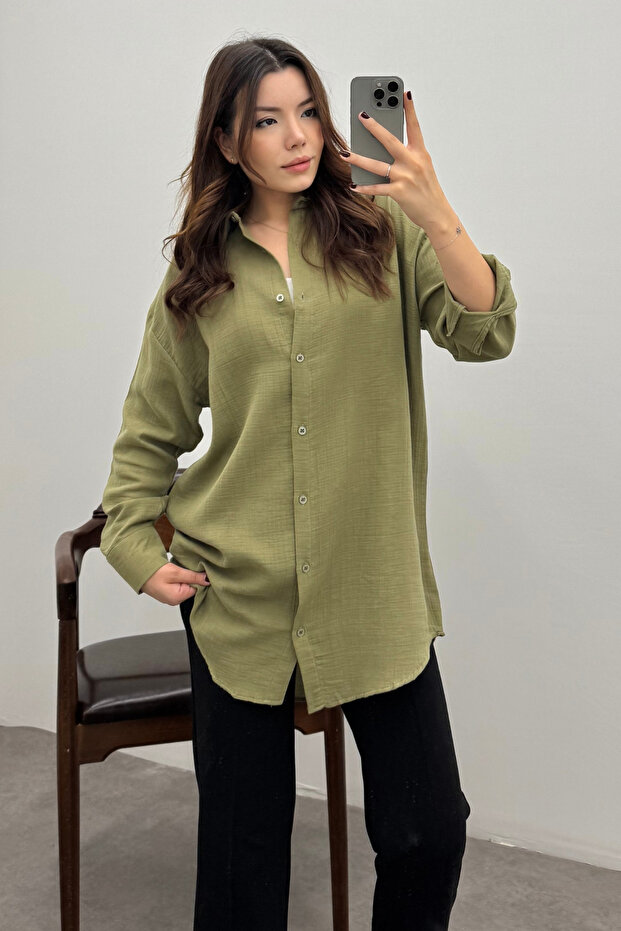 Women's Khaki Oversize Basic Muslin Shirt