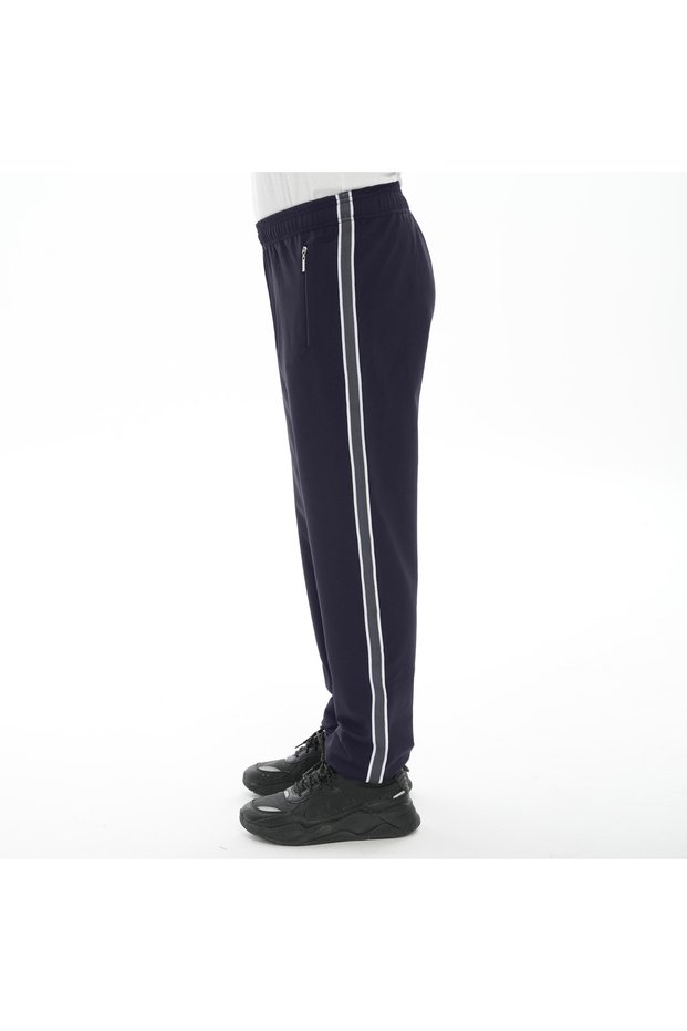 Men's Navy Blue Color Sweatpants with Side Stripes and Zipper Pockets (with Large Size Option)