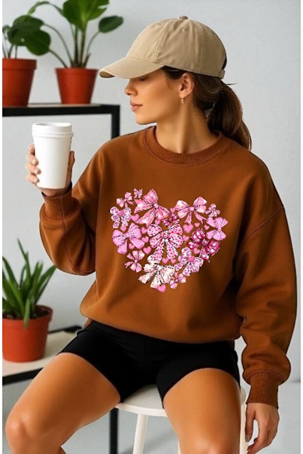 Unisex Long Sleeve Heart Ribbon Front Transfer Printed Crew Neck Sweatshirt