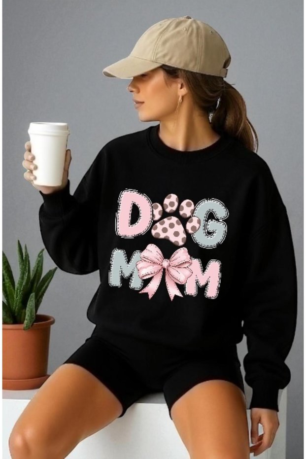 Unisex Long Sleeve Dog Mom Front Transfer Printed Crew Neck Sweatshirt