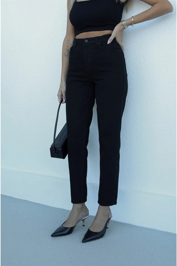 Ns-94309 High Waist Black Mom Jeans Stretch Fabric Stretch Denim Pants