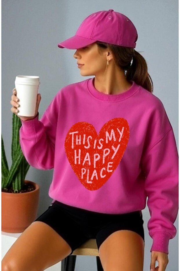Unisex Long Sleeve Happy Place Heart Front Transfer Printed Crew Neck Sweatshirt
